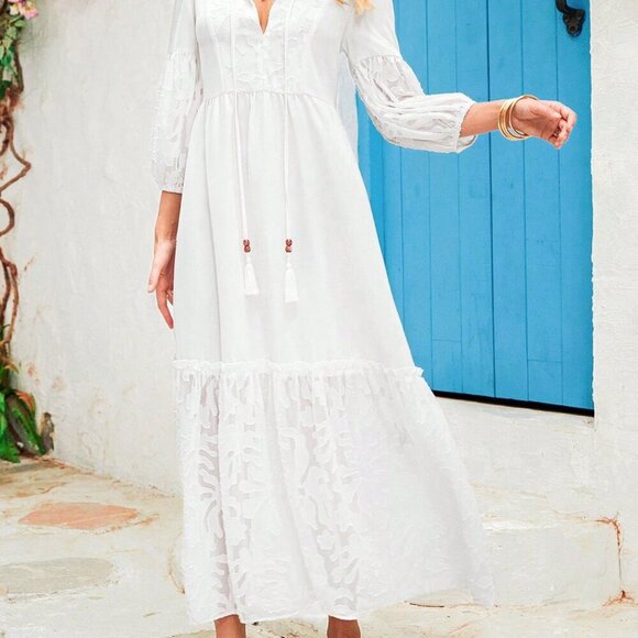 White Boho Women's Loose Tie Neck Ruffled Hem Long Sleeve Dress - Picture 5 of 7